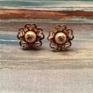Tory Burch “Katie” Gold and Cream Floral Stud Earrings Pre-owned
